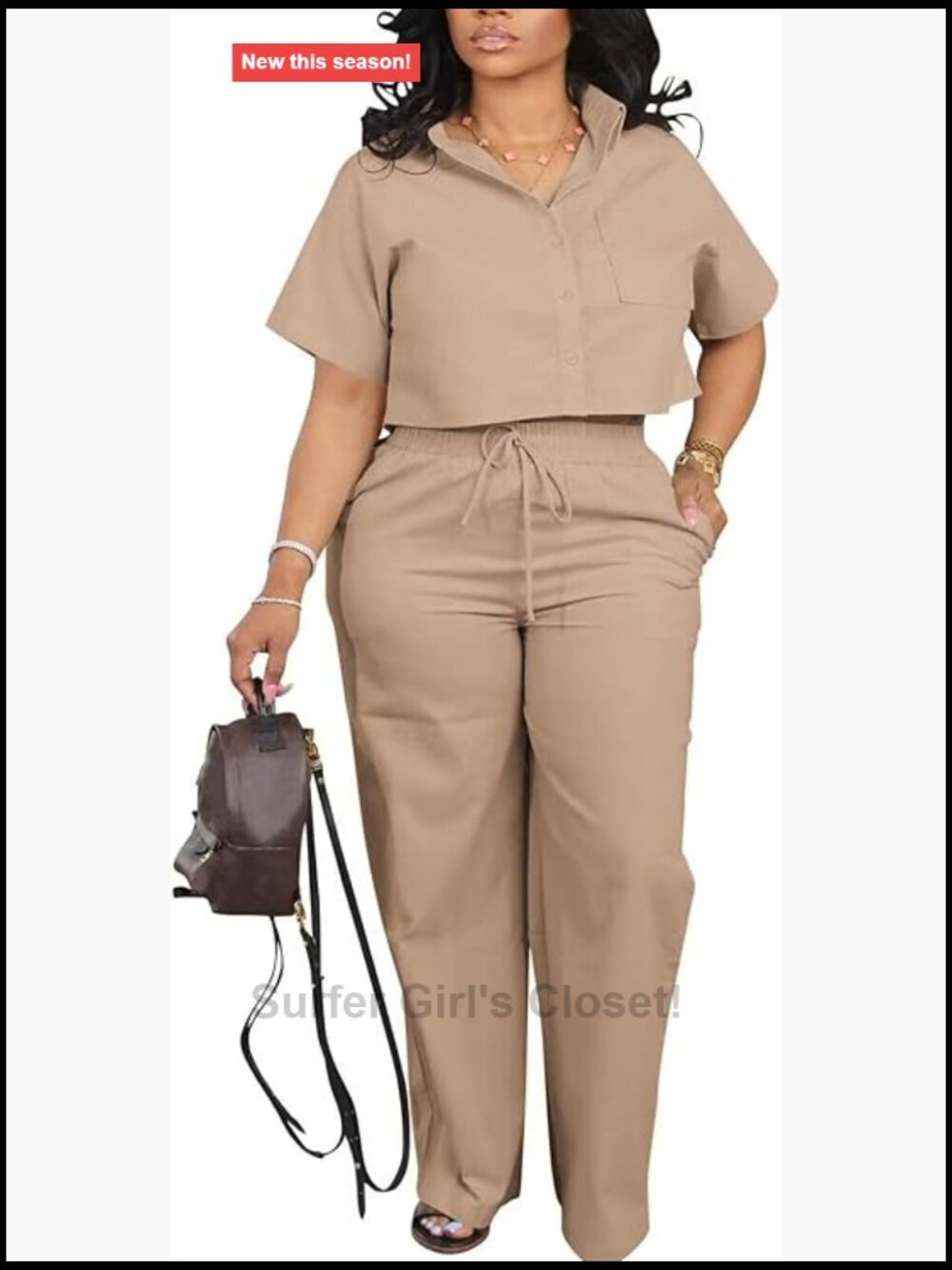 Women's 2 Piece Sets Button Down Crop Top Wide Leg Pants Pockets